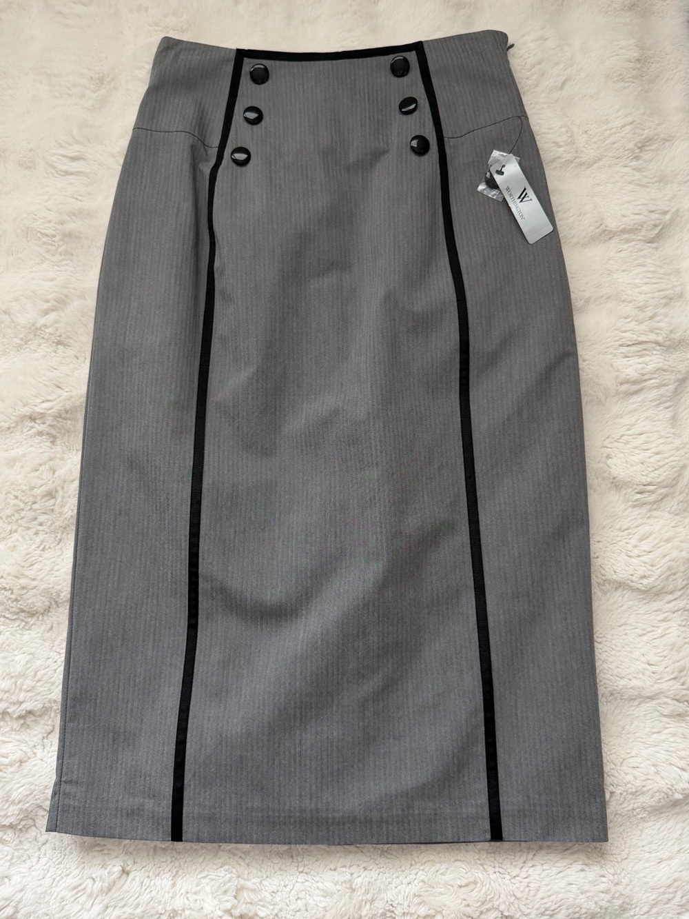 Victorian Style Worthington High Waist Midi Gray Pencil Skirt with Black Trim-8 - Picture 3 of 15